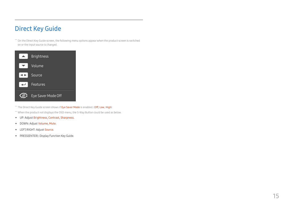 Direct key guide, 15 direct key guide | Samsung ViewFinity S8 32" 4K HDR Monitor User Manual | Page 15 / 43