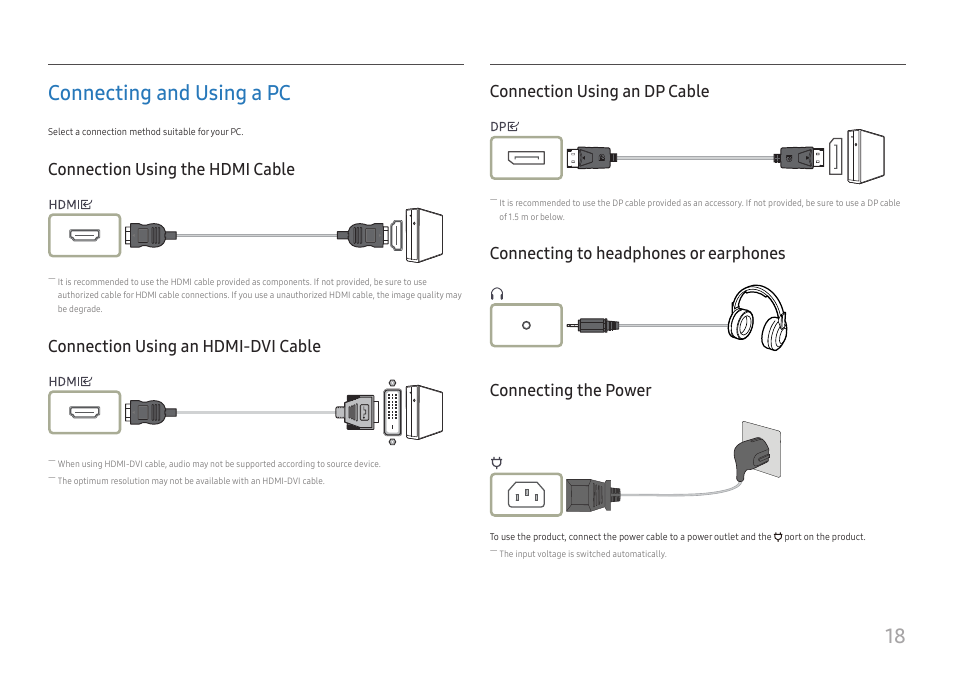 Connecting and using a pc, Connection using the hdmi cable, Connection using an hdmi-dvi cable | Connection using an dp cable, Connecting to headphones or earphones, Connecting the power, 18 connecting and using a pc | Samsung ViewFinity S8 32" 4K HDR Monitor User Manual | Page 18 / 43