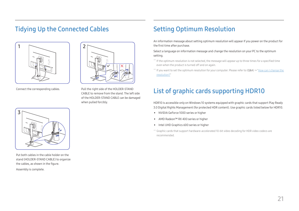 Tidying up the connected cables, Setting optimum resolution, List of graphic cards supporting hdr10 | 21 tidying up the connected cables | Samsung ViewFinity S8 32" 4K HDR Monitor User Manual | Page 21 / 43