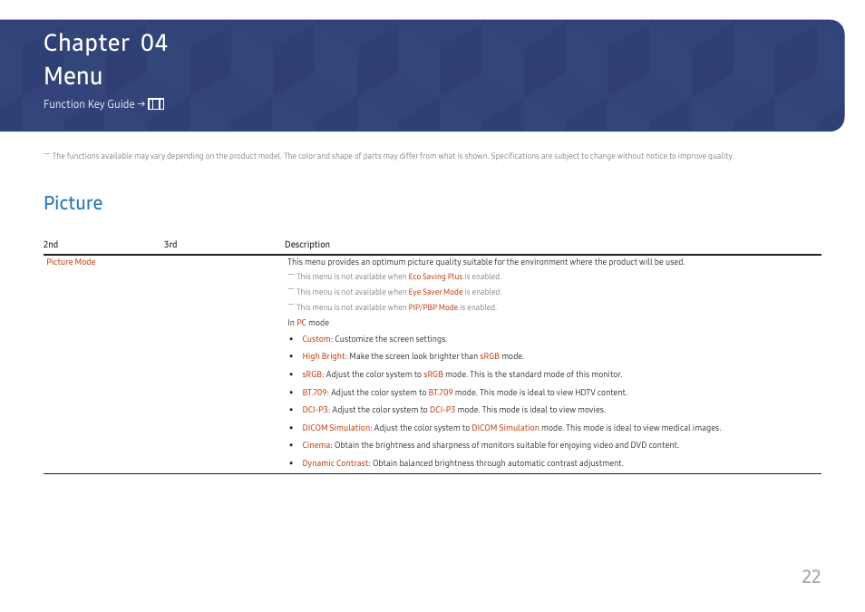 Menu, Picture, Picture 22 | Chapter 04 | Samsung ViewFinity S8 32" 4K HDR Monitor User Manual | Page 22 / 43