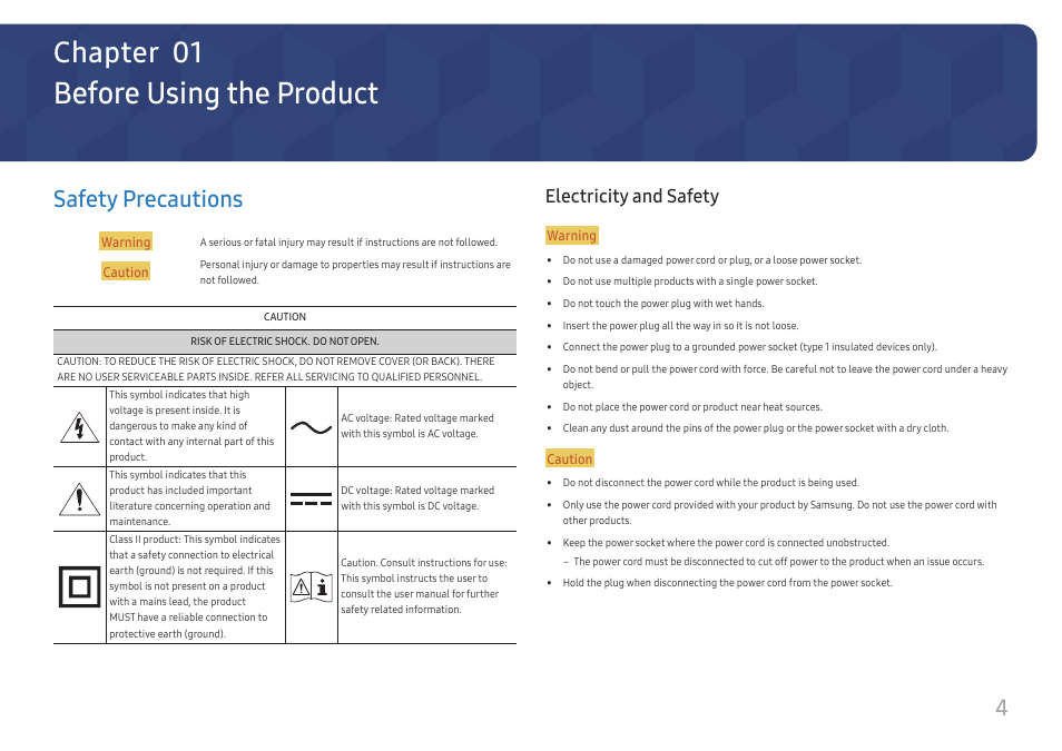 Before using the product, Safety precautions, Electricity and safety | Chapter 01, 4safety precautions | Samsung ViewFinity S8 32" 4K HDR Monitor User Manual | Page 4 / 43