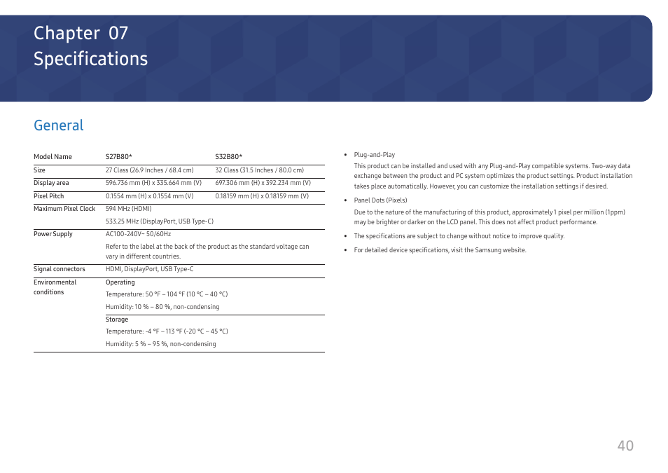 Specifications, General, General 40 | Chapter 07 | Samsung ViewFinity S8 32" 4K HDR Monitor User Manual | Page 40 / 43