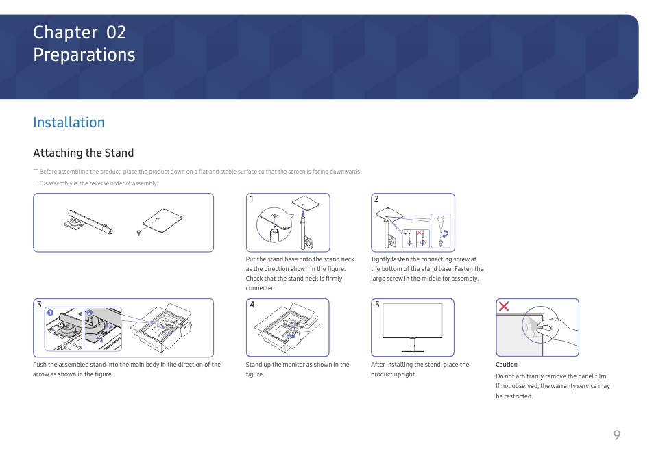 Preparations, Installation, Attaching the stand | Installation 9, Chapter 02 | Samsung ViewFinity S8 32" 4K HDR Monitor User Manual | Page 9 / 43