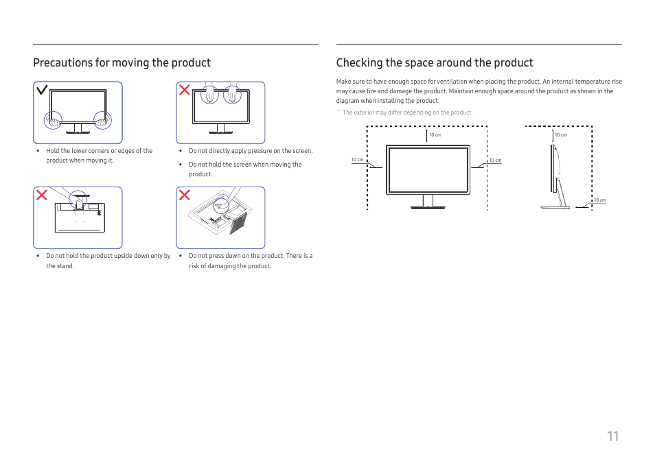 Precautions for moving the product, Checking the space around the product | Samsung S24A310NHN 24" 16:9 VA Monitor User Manual | Page 11 / 32