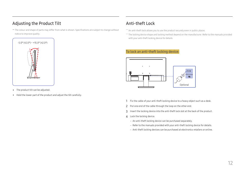 Adjusting the product tilt, Anti-theft lock, Adjusting the product tilt anti-theft lock | Samsung S24A310NHN 24" 16:9 VA Monitor User Manual | Page 12 / 32