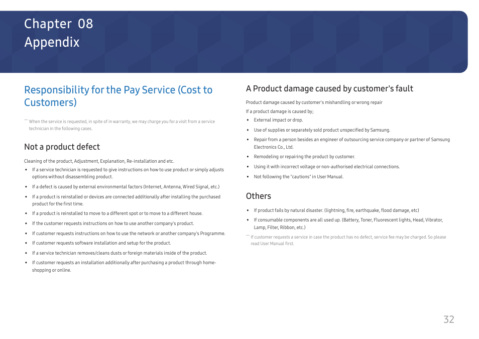 Appendix, Not a product defect, A product damage caused by customer's fault | Others, Responsibility for the pay service (cost to, Customers), Chapter 08 | Samsung S24A310NHN 24