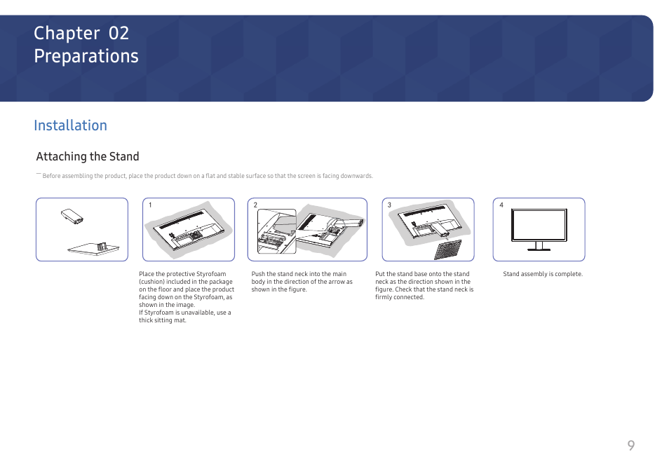 Preparations, Installation, Attaching the stand | Chapter 02 | Samsung S24A310NHN 24" 16:9 VA Monitor User Manual | Page 9 / 32