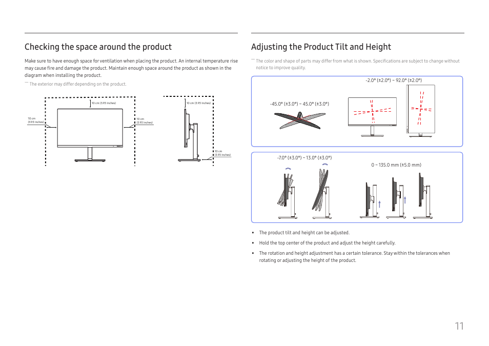 Checking the space around the product, Adjusting the product tilt and height | Samsung FT874 31.5" 16:9 4K VA Monitor User Manual | Page 11 / 40