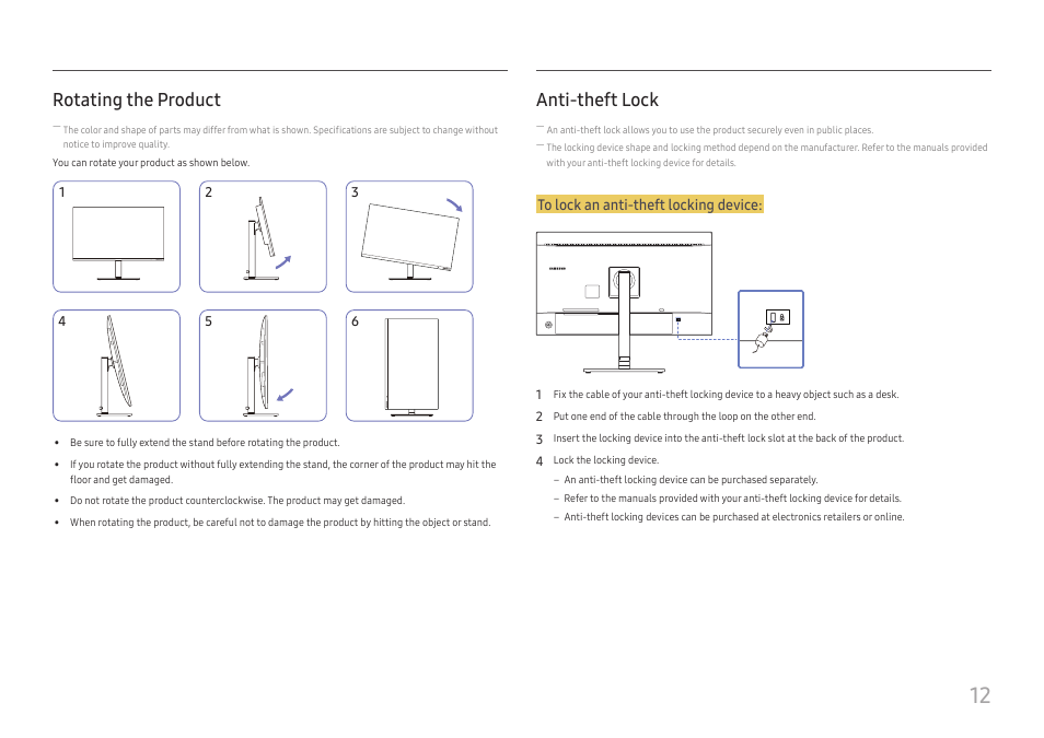 Rotating the product, Anti-theft lock | Samsung FT874 31.5" 16:9 4K VA Monitor User Manual | Page 12 / 40