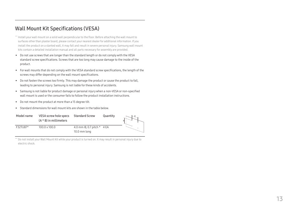 Wall mount kit specifications (vesa) | Samsung FT874 31.5" 16:9 4K VA Monitor User Manual | Page 13 / 40