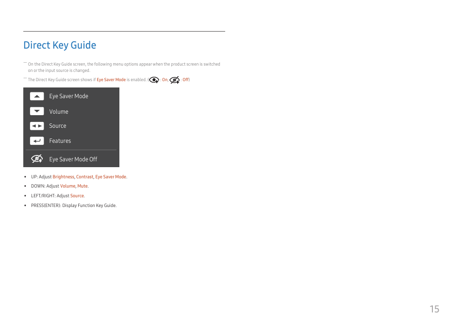 Direct key guide, 15 direct key guide | Samsung FT874 31.5" 16:9 4K VA Monitor User Manual | Page 15 / 40