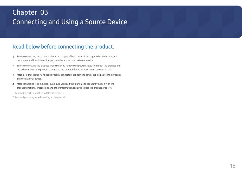 Connecting and using a source device, Read below before connecting the product, Chapter 03 | Samsung FT874 31.5" 16:9 4K VA Monitor User Manual | Page 16 / 40
