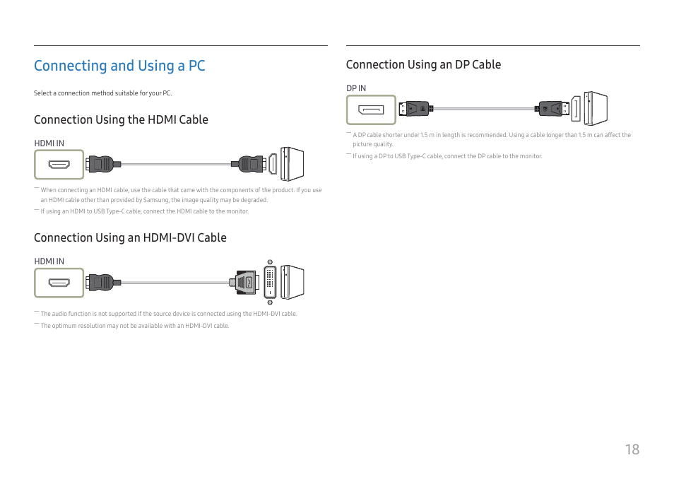 Connecting and using a pc, Connection using the hdmi cable, Connection using an hdmi-dvi cable | Connection using an dp cable, 18 connecting and using a pc | Samsung FT874 31.5" 16:9 4K VA Monitor User Manual | Page 18 / 40