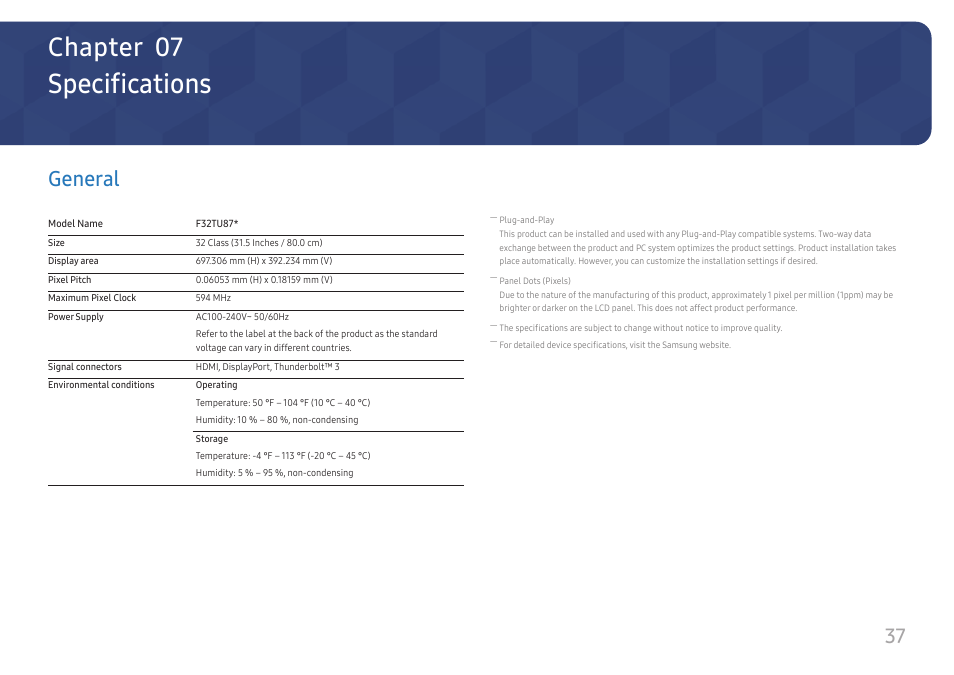 Specifications, General, General 37 | Chapter 07 | Samsung FT874 31.5" 16:9 4K VA Monitor User Manual | Page 37 / 40