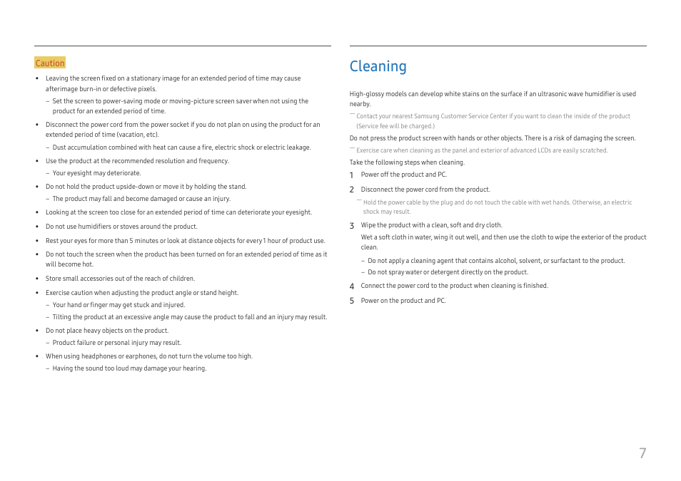 Cleaning, Cleaning 7 | Samsung FT874 31.5" 16:9 4K VA Monitor User Manual | Page 7 / 40