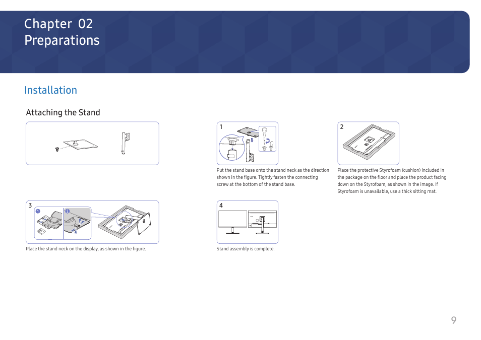 Preparations, Installation, Attaching the stand | Installation 9, Chapter 02 | Samsung FT874 31.5" 16:9 4K VA Monitor User Manual | Page 9 / 40