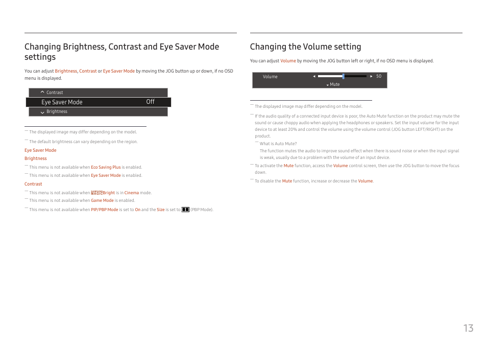 Changing the volume setting, Changing brightness, contrast and, Eye saver mode settings | Eye saver mode | Samsung CJ791 34" 21:9 Curved FreeSync VA Monitor User Manual | Page 13 / 48