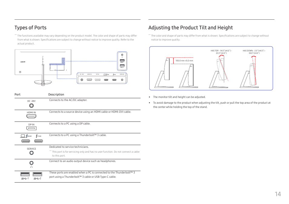 Types of ports, Adjusting the product tilt and height | Samsung CJ791 34" 21:9 Curved FreeSync VA Monitor User Manual | Page 14 / 48