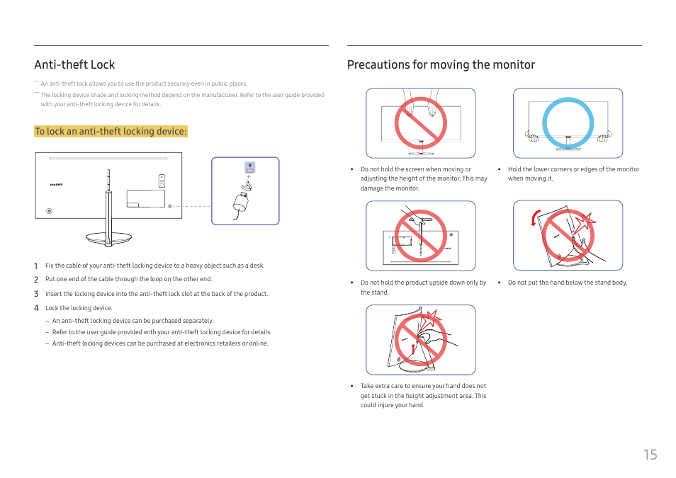 Anti-theft lock, Precautions for moving the monitor | Samsung CJ791 34" 21:9 Curved FreeSync VA Monitor User Manual | Page 15 / 48