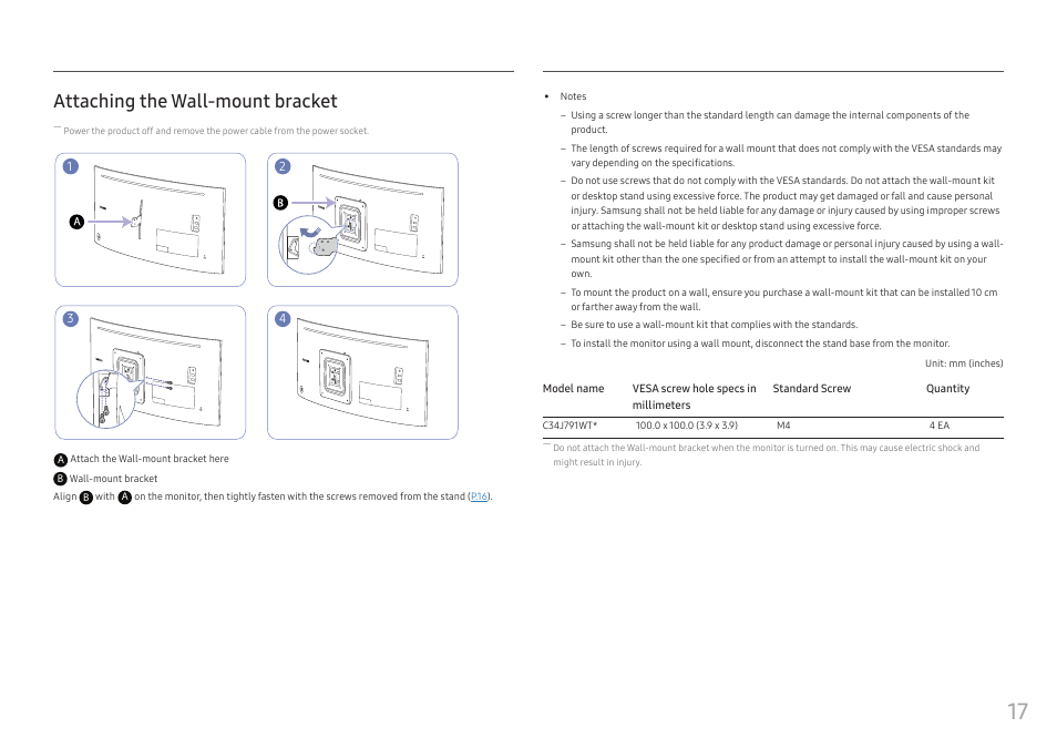 Attaching the wall-mount bracket | Samsung CJ791 34" 21:9 Curved FreeSync VA Monitor User Manual | Page 17 / 48