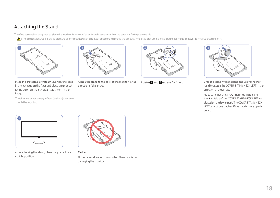 Attaching the stand | Samsung CJ791 34" 21:9 Curved FreeSync VA Monitor User Manual | Page 18 / 48