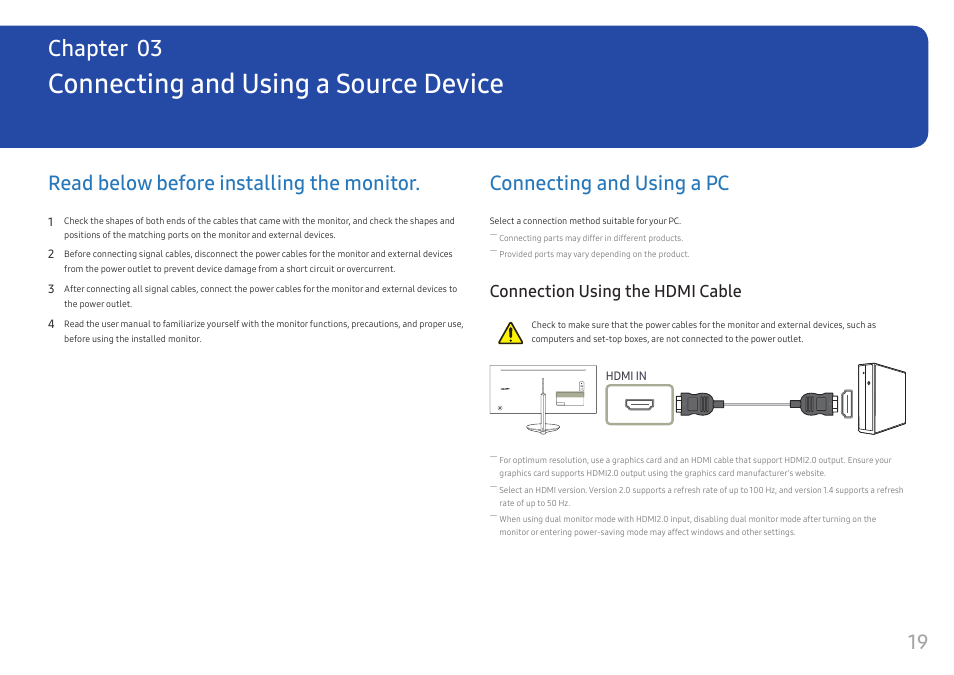 Connecting and using a source device, Read below before installing the monitor, Connecting and using a pc | Connection using the hdmi cable, Chapter 03 | Samsung CJ791 34" 21:9 Curved FreeSync VA Monitor User Manual | Page 19 / 48