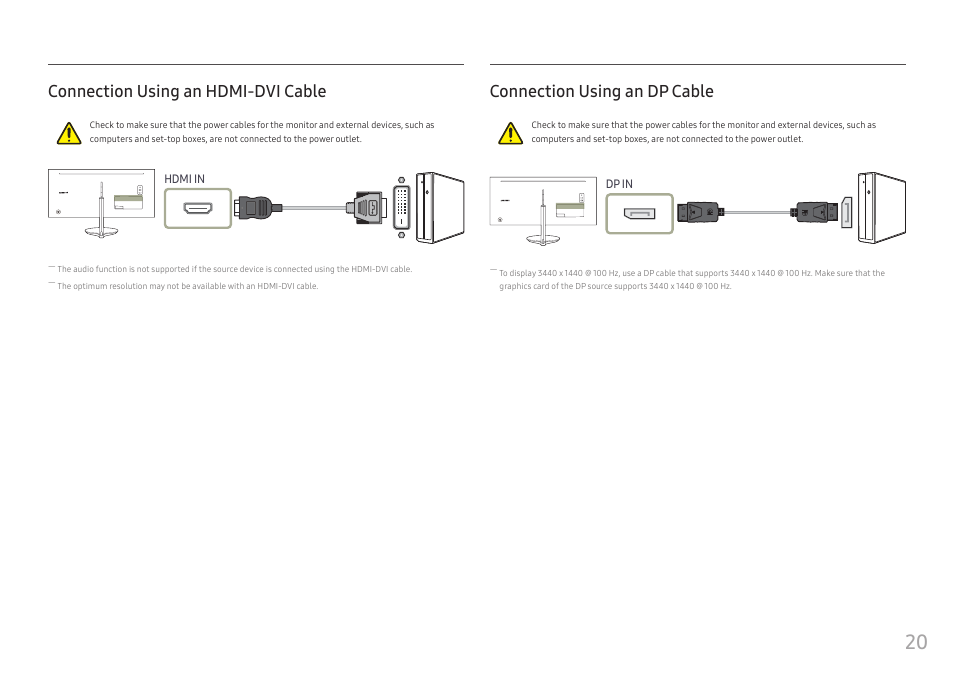 Connection using an hdmi-dvi cable, Connection using an dp cable | Samsung CJ791 34" 21:9 Curved FreeSync VA Monitor User Manual | Page 20 / 48