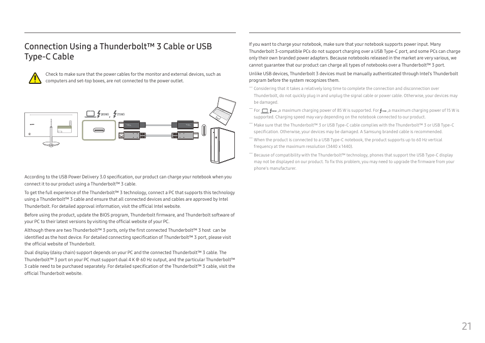 Connection using a thunderbolt™ 3 cable or, Usb type-c cable | Samsung CJ791 34" 21:9 Curved FreeSync VA Monitor User Manual | Page 21 / 48