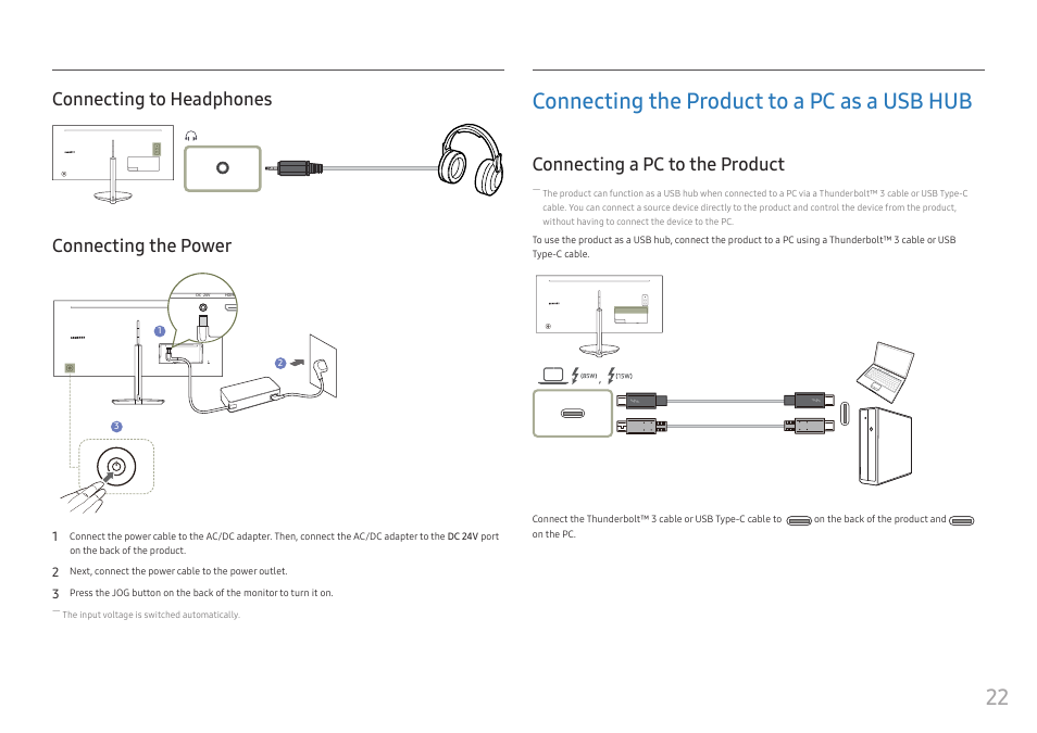 Connecting to headphones, Connecting the power, Connecting the product to a pc as a usb hub | Connecting a pc to the product, Connecting to headphones connecting the power | Samsung CJ791 34" 21:9 Curved FreeSync VA Monitor User Manual | Page 22 / 48