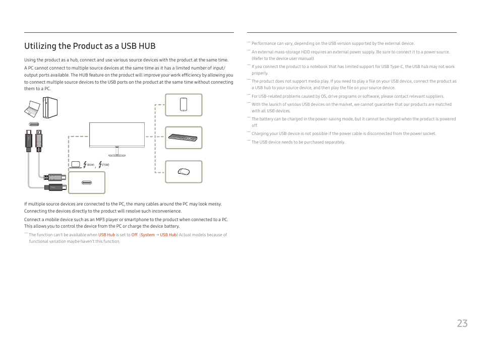 Utilizing the product as a usb hub | Samsung CJ791 34" 21:9 Curved FreeSync VA Monitor User Manual | Page 23 / 48