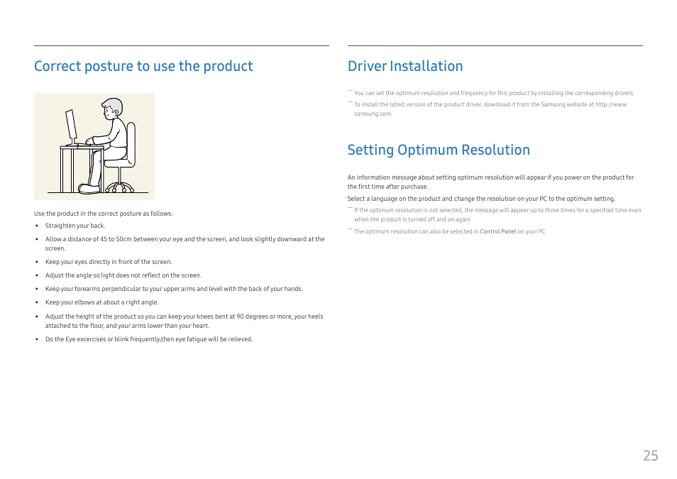 Correct posture to use the product, Driver installation, Setting optimum resolution | 25 correct posture to use the product | Samsung CJ791 34" 21:9 Curved FreeSync VA Monitor User Manual | Page 25 / 48