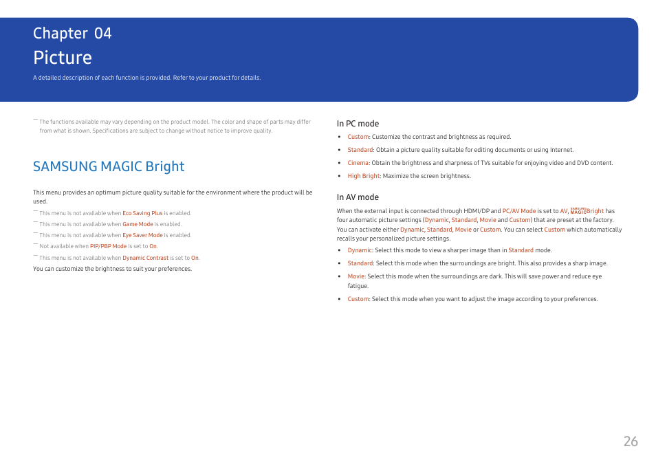 Picture, Samsung magic bright, Chapter 04 | Samsung CJ791 34" 21:9 Curved FreeSync VA Monitor User Manual | Page 26 / 48