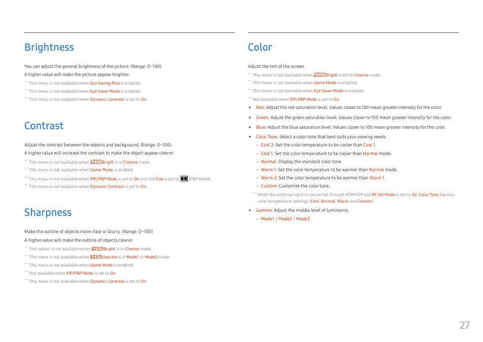 Brightness, Contrast, Sharpness | Color, Brightness 27, Contrast 27, Sharpness 27, Color 27, 27 brightness | Samsung CJ791 34" 21:9 Curved FreeSync VA Monitor User Manual | Page 27 / 48