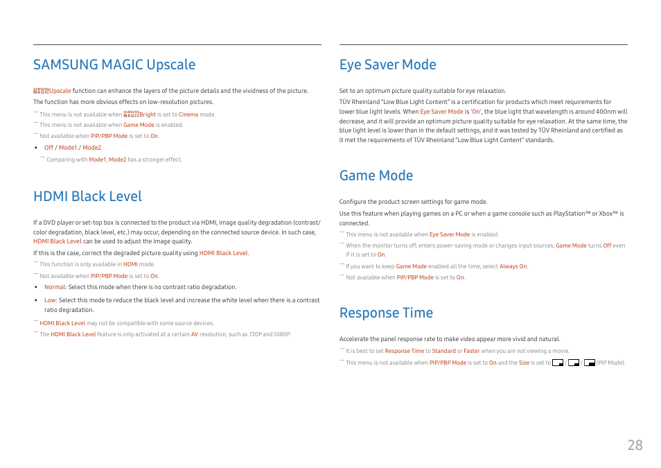 Samsung magic upscale, Hdmi black level, Eye saver mode | Game mode, Response time, Hdmi black level 28, Eye saver mode 28, Game mode 28, Response time 28, 28 samsung magic upscale | Samsung CJ791 34" 21:9 Curved FreeSync VA Monitor User Manual | Page 28 / 48