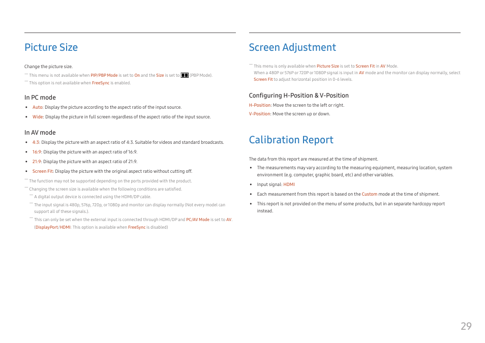 Picture size, Screen adjustment, Calibration report | Picture size 29, Screen adjustment 29, Calibration report 29, 29 picture size | Samsung CJ791 34" 21:9 Curved FreeSync VA Monitor User Manual | Page 29 / 48