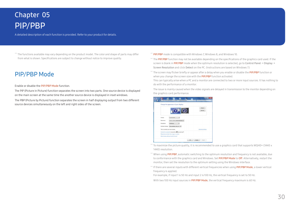 Pip/pbp, Pip/pbp mode, Pip/pbp mode 30 | Chapter 05 | Samsung CJ791 34" 21:9 Curved FreeSync VA Monitor User Manual | Page 30 / 48