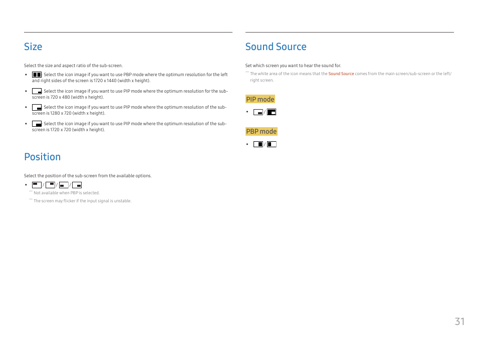 Size, Position, Sound source | Size 31, Position 31, Sound source 31, 31 size, Pip mode, Pbp mode | Samsung CJ791 34" 21:9 Curved FreeSync VA Monitor User Manual | Page 31 / 48