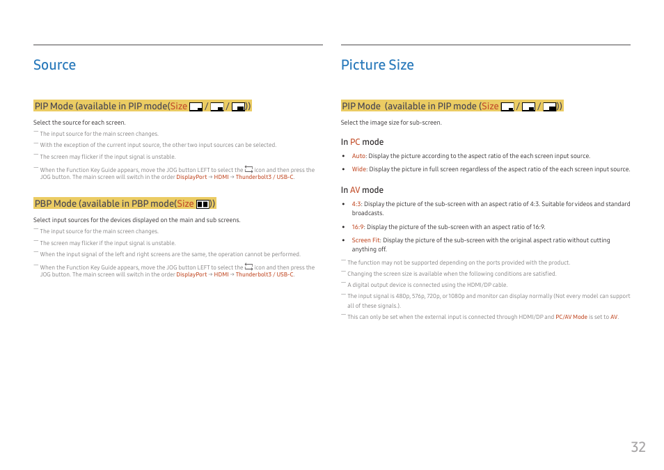 Source, Picture size, Source 32 | Picture size 32, 32 source, Pip mode (available in pip mode( size / / )), Pbp mode (available in pbp mode( size )), Pip mode (available in pip mode ( size / / )) | Samsung CJ791 34" 21:9 Curved FreeSync VA Monitor User Manual | Page 32 / 48