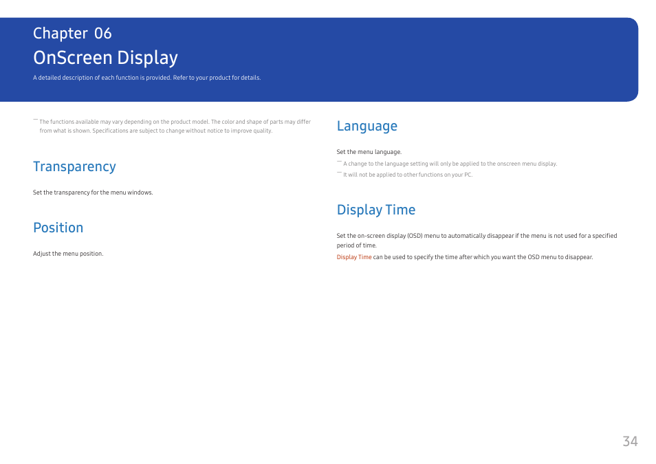 Onscreen display, Transparency, Position | Language, Display time, Transparency 34, Position 34, Language 34, Display time 34, Chapter 06 | Samsung CJ791 34" 21:9 Curved FreeSync VA Monitor User Manual | Page 34 / 48