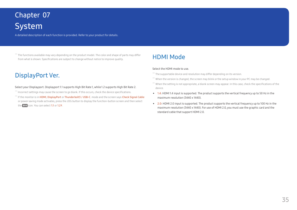 System, Displayport ver, Hdmi mode | Displayport ver. 35, Hdmi mode 35, Chapter 07 | Samsung CJ791 34" 21:9 Curved FreeSync VA Monitor User Manual | Page 35 / 48