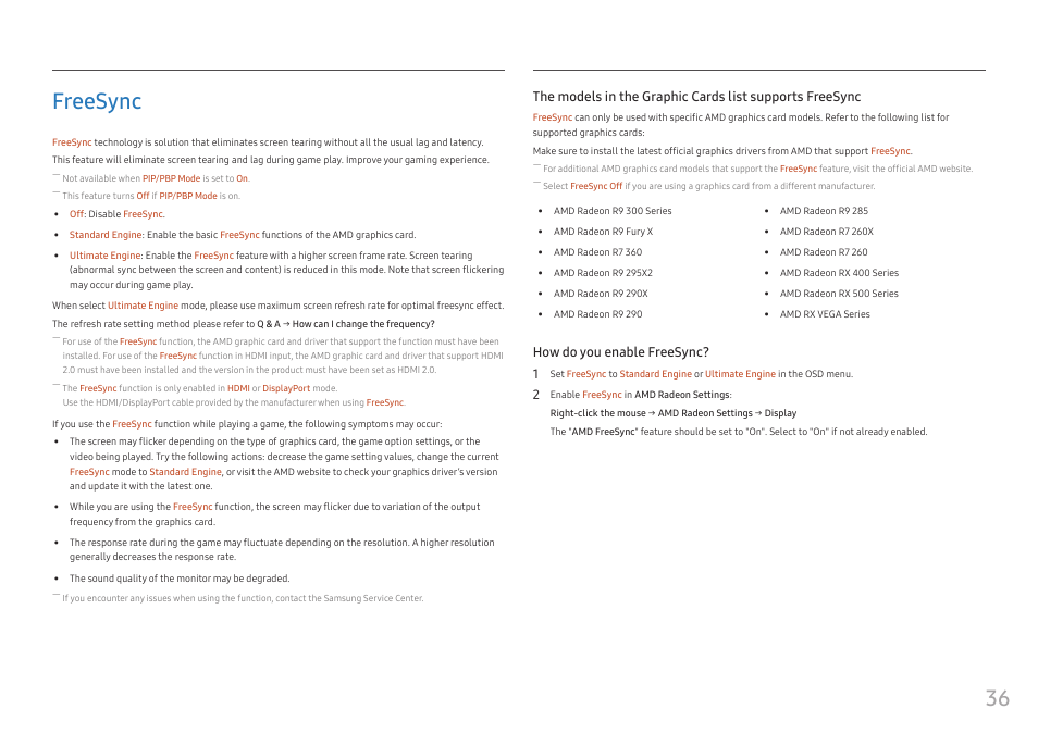 Freesync, Freesync 36, 36 freesync | How do you enable freesync? 1 | Samsung CJ791 34" 21:9 Curved FreeSync VA Monitor User Manual | Page 36 / 48