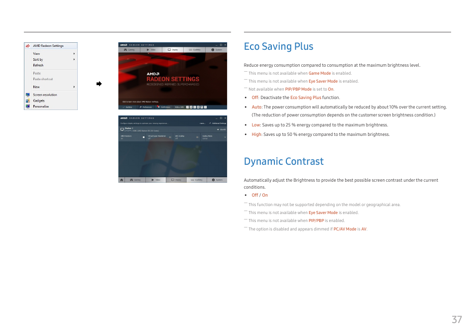 Eco saving plus, Dynamic contrast, Eco saving plus 37 | Dynamic contrast 37, 37 eco saving plus | Samsung CJ791 34" 21:9 Curved FreeSync VA Monitor User Manual | Page 37 / 48