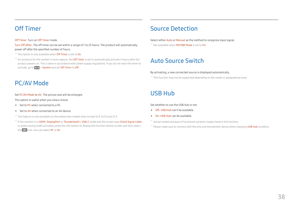 Off timer, Pc/av mode, Source detection | Auto source switch, Usb hub, Off timer 38, Pc/av mode 38, Source detection 38, Auto source switch 38, Usb hub 38 | Samsung CJ791 34" 21:9 Curved FreeSync VA Monitor User Manual | Page 38 / 48