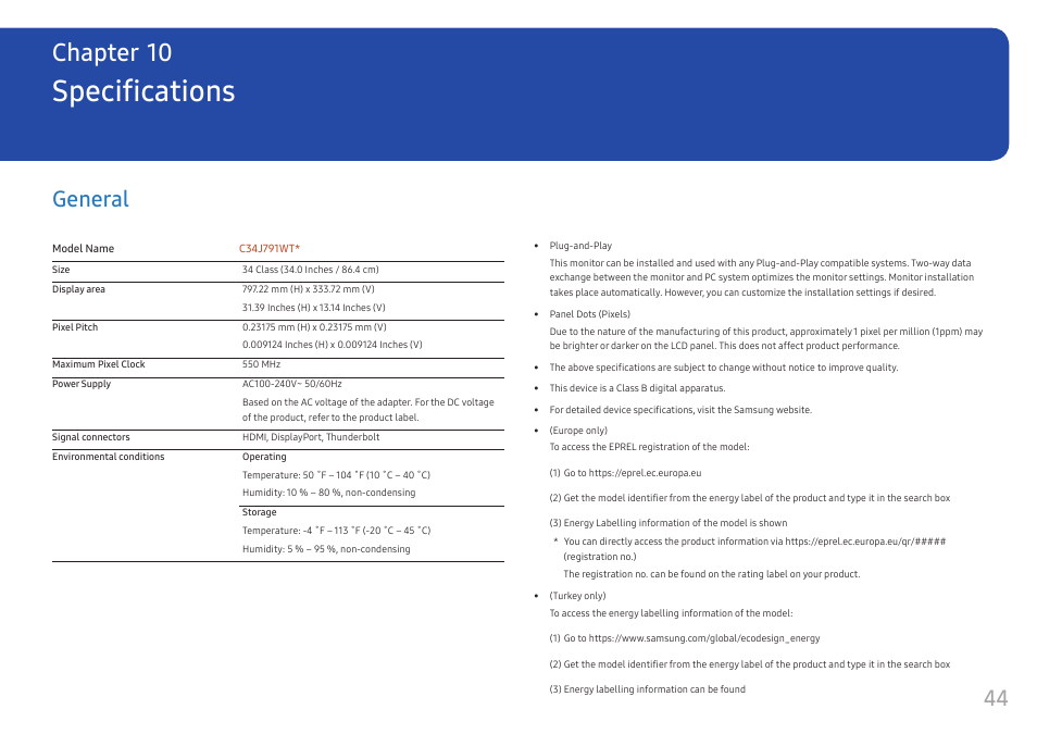 Specifications, General, General 44 | Chapter 10 | Samsung CJ791 34" 21:9 Curved FreeSync VA Monitor User Manual | Page 44 / 48