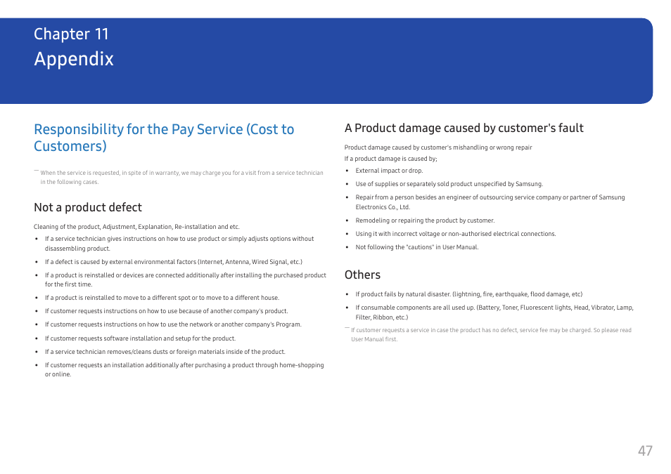 Appendix, Not a product defect, A product damage caused by customer's fault | Others, Responsibility for the pay service (cost to, Customers) 47, Chapter 11 | Samsung CJ791 34