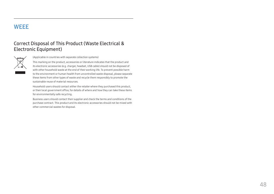 Weee, Weee 48, Correct disposal of this product | Waste electrical & electronic equipment), 48 weee | Samsung CJ791 34" 21:9 Curved FreeSync VA Monitor User Manual | Page 48 / 48