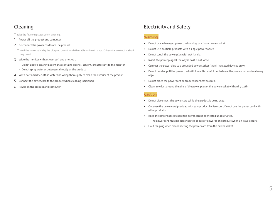 Cleaning, Electricity and safety, Cleaning 5 electricity and safety | Samsung CJ791 34" 21:9 Curved FreeSync VA Monitor User Manual | Page 5 / 48