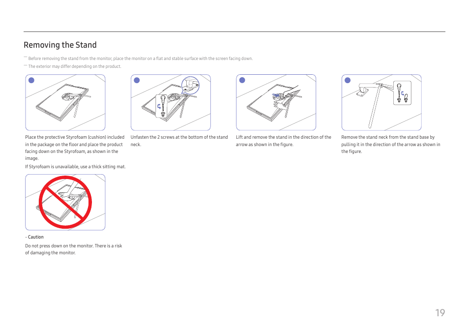 Removing the stand | Samsung ViewFinity UR59C 32" 4K Curved Monitor User Manual | Page 19 / 44
