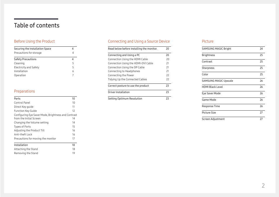 2table of contents, Before using the product, Preparations | Connecting and using a source device, Picture | Samsung ViewFinity UR59C 32" 4K Curved Monitor User Manual | Page 2 / 44
