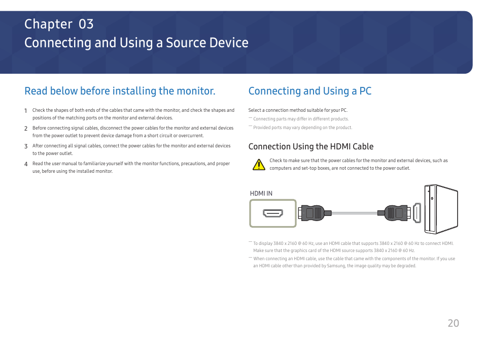 Connecting and using a source device, Read below before installing the monitor, Connecting and using a pc | Connection using the hdmi cable, Chapter 03 | Samsung ViewFinity UR59C 32" 4K Curved Monitor User Manual | Page 20 / 44
